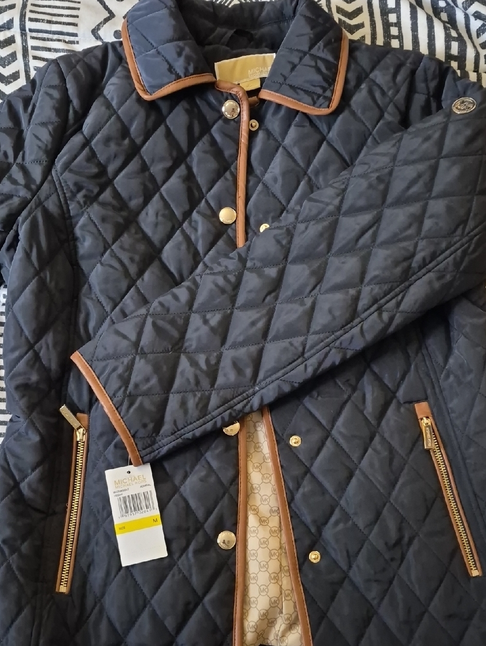 Michael Kors Navy Quilted Puffer Jacket with Brown Trim